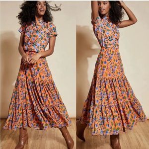 Hutch Alias Short Sleeve Tiered Knit Orange Floral Maxi Dress Size XL